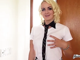 Marilyn Moore, the shy blonde schoolgirl, flaunts her flawless natural breasts in a steamy POV video featuring oral and ejaculation