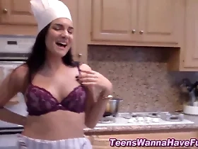 Amateur teen gives a blowjob in the kitchen and gets covered in cum