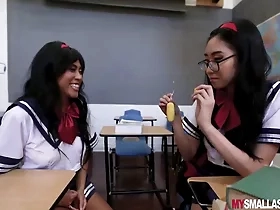 Ember Snow and Eva Yi enjoy a passionate encounter with a well-endowed teacher in doggy style
