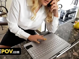 Boss orders stepson to have sex with blonde stepmom during work - POV oral, internal cumshot, and more in HD!